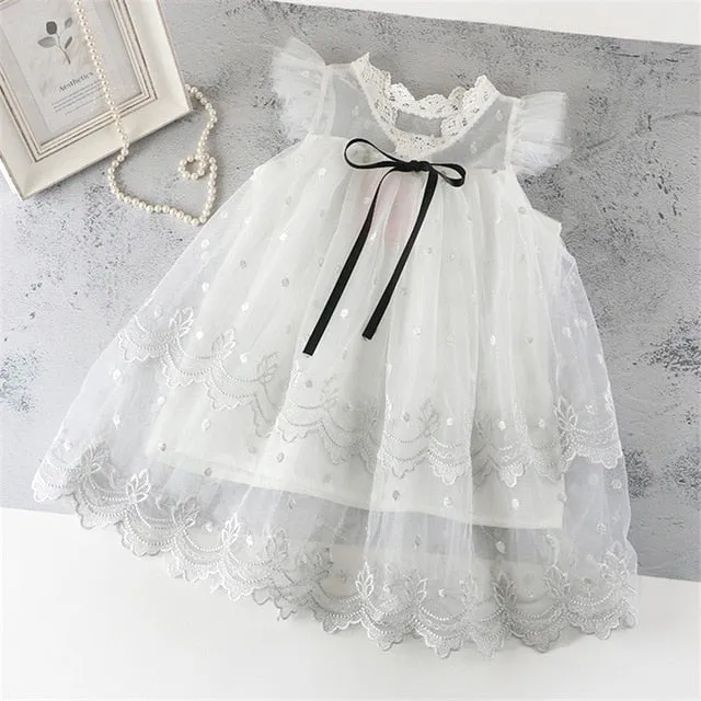 Summer Toddler Girls Lace Cake Dress Kids Sleeveless Floral Mesh Wedding Dresses Children Clothing For Baby Girls 3 to 8 Years