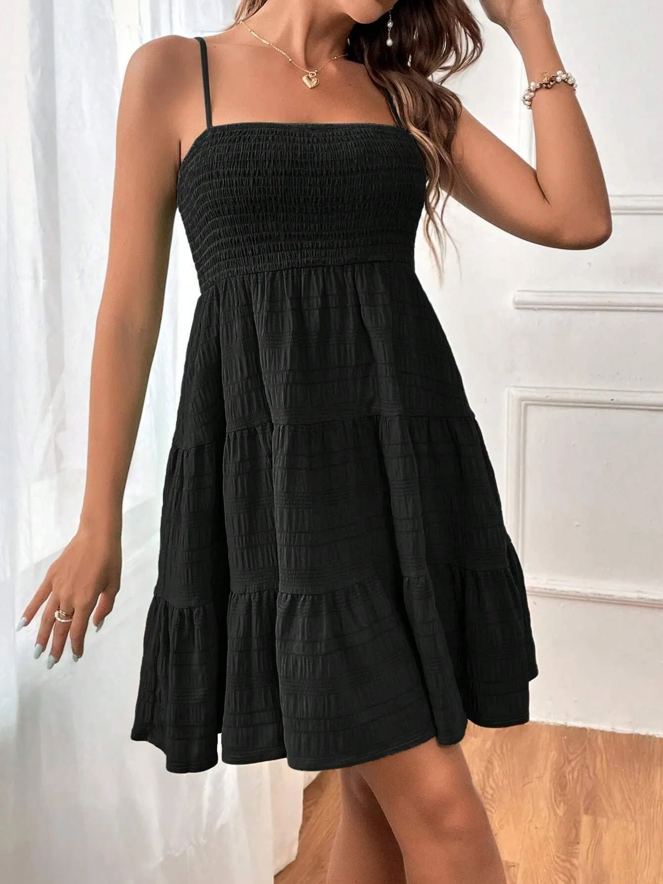 SUSPENDER SOLID COLOR TEXTURE DRESS