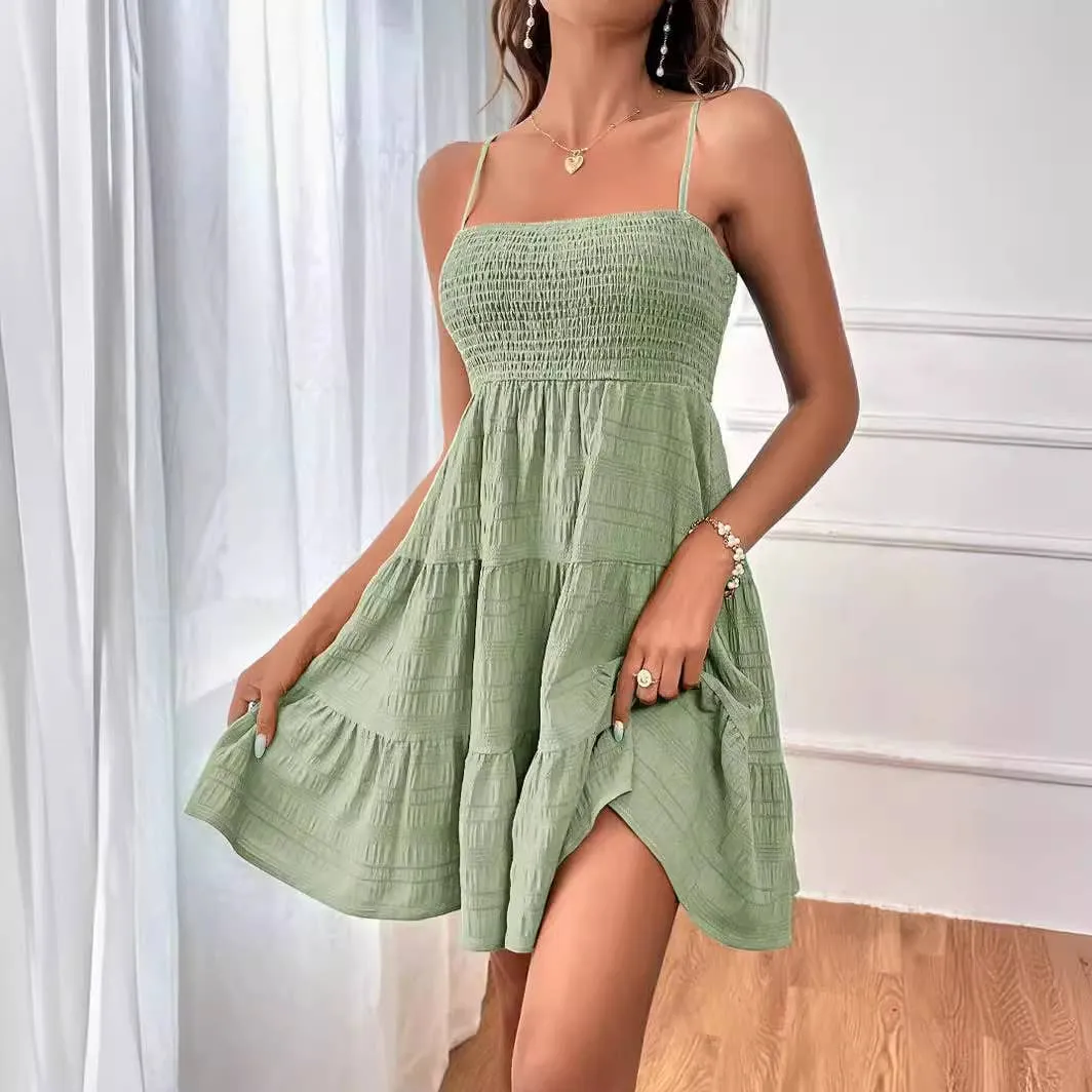 SUSPENDER SOLID COLOR TEXTURE DRESS