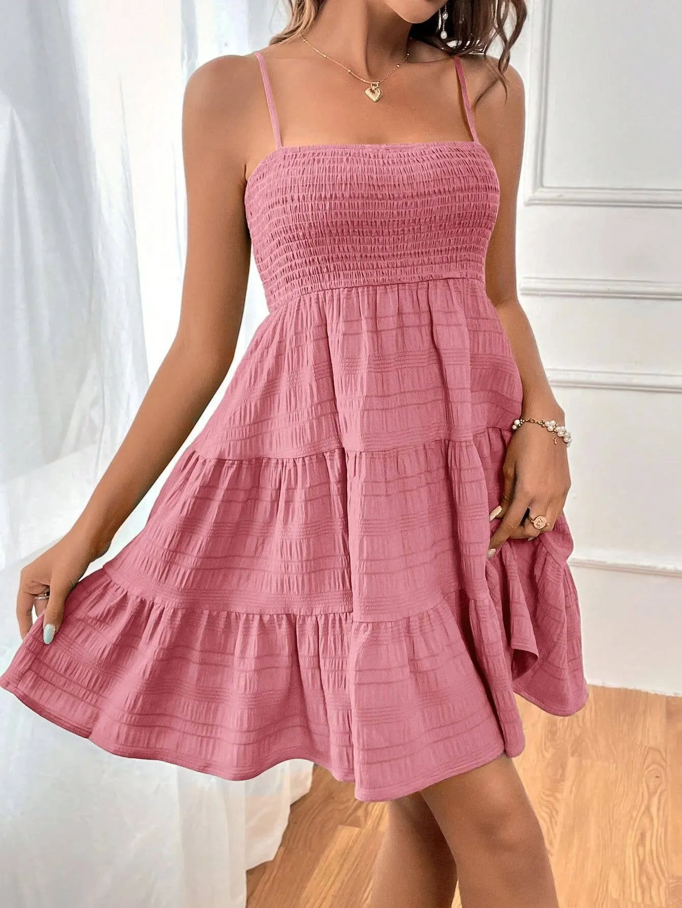 SUSPENDER SOLID COLOR TEXTURE DRESS