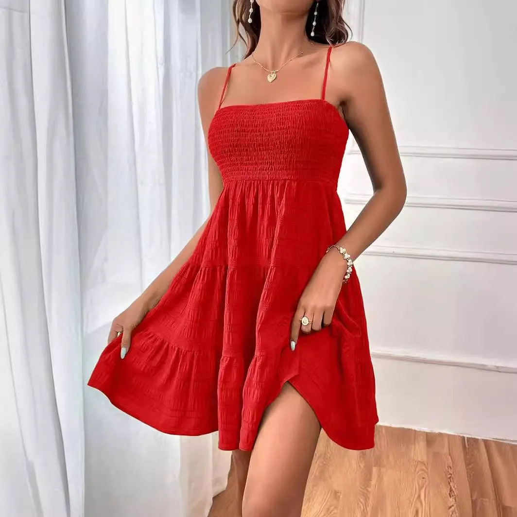 SUSPENDER SOLID COLOR TEXTURE DRESS