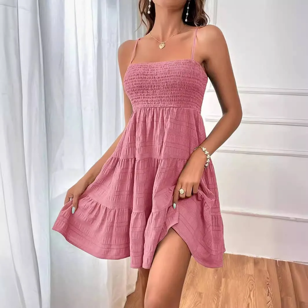 SUSPENDER SOLID COLOR TEXTURE DRESS