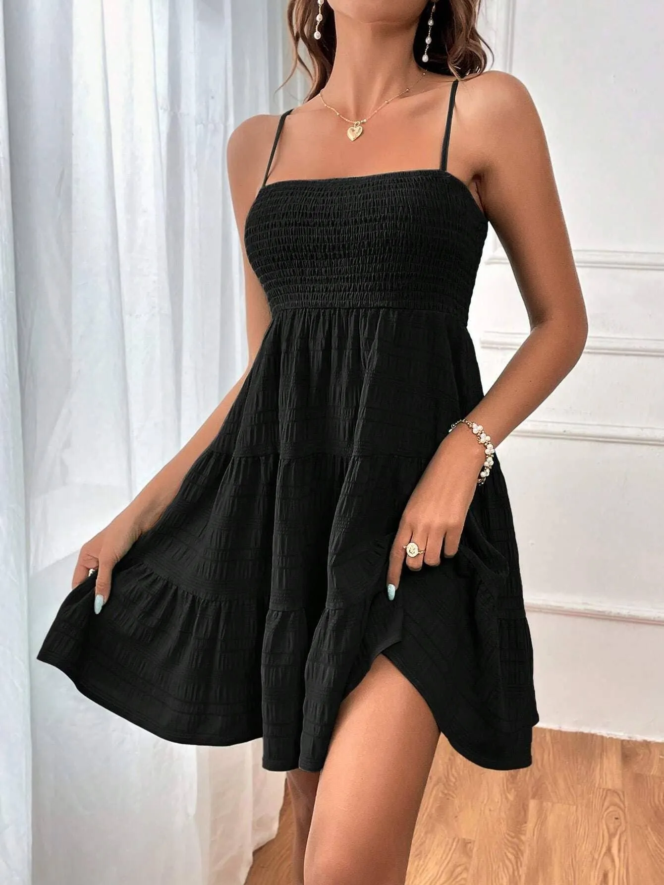 SUSPENDER SOLID COLOR TEXTURE DRESS