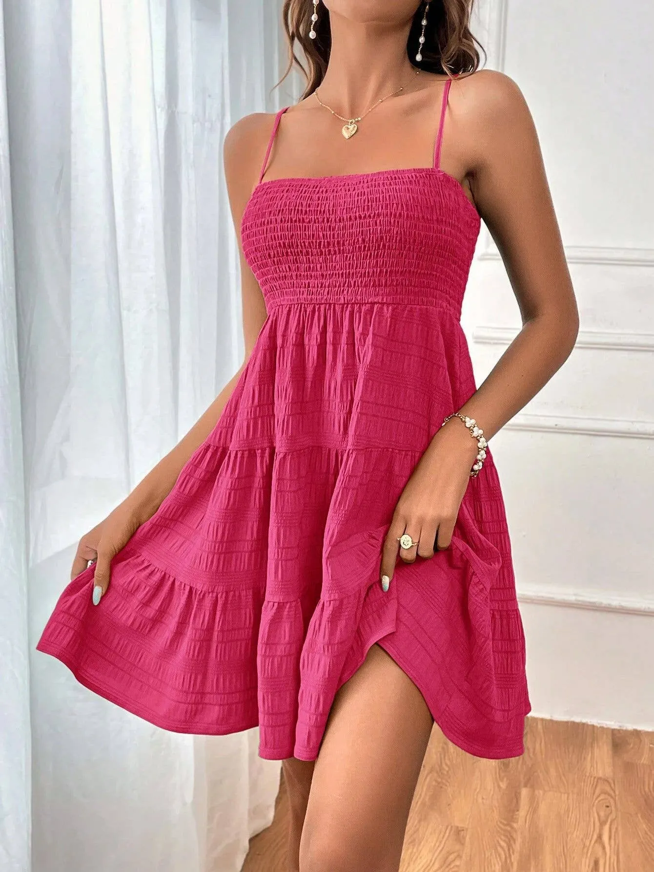 SUSPENDER SOLID COLOR TEXTURE DRESS