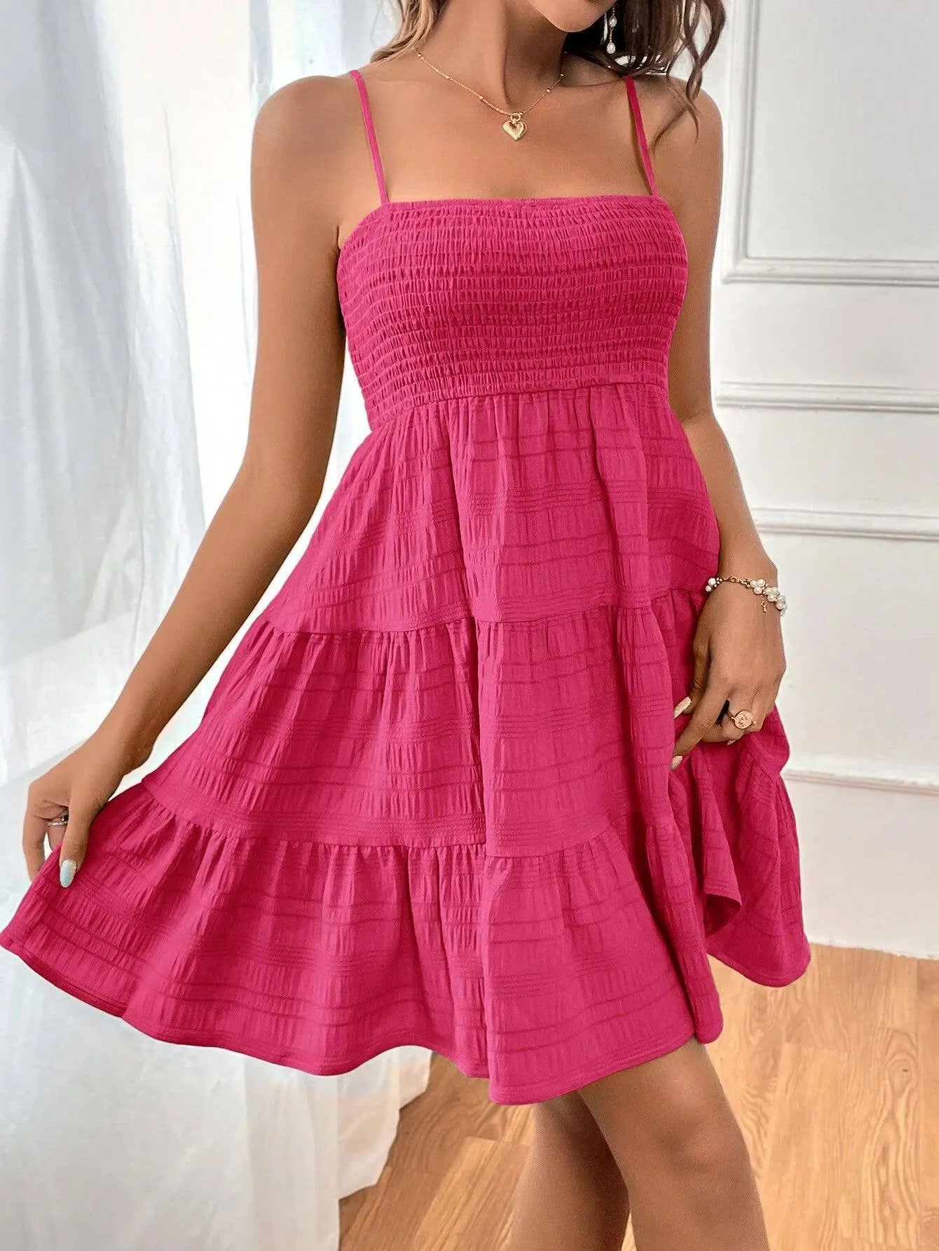 SUSPENDER SOLID COLOR TEXTURE DRESS