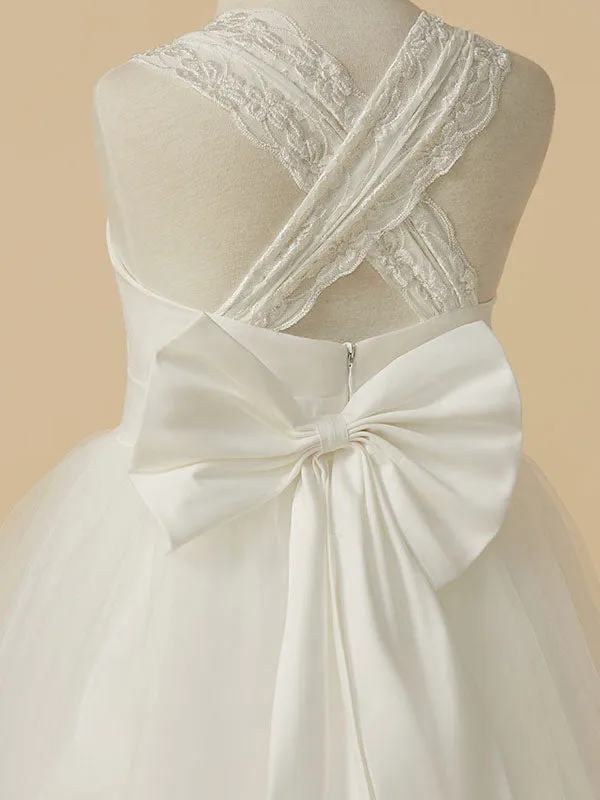 Sweetheart Neck Tulle Sleeveless Floor Length A-line Applique Kids Party Dresses