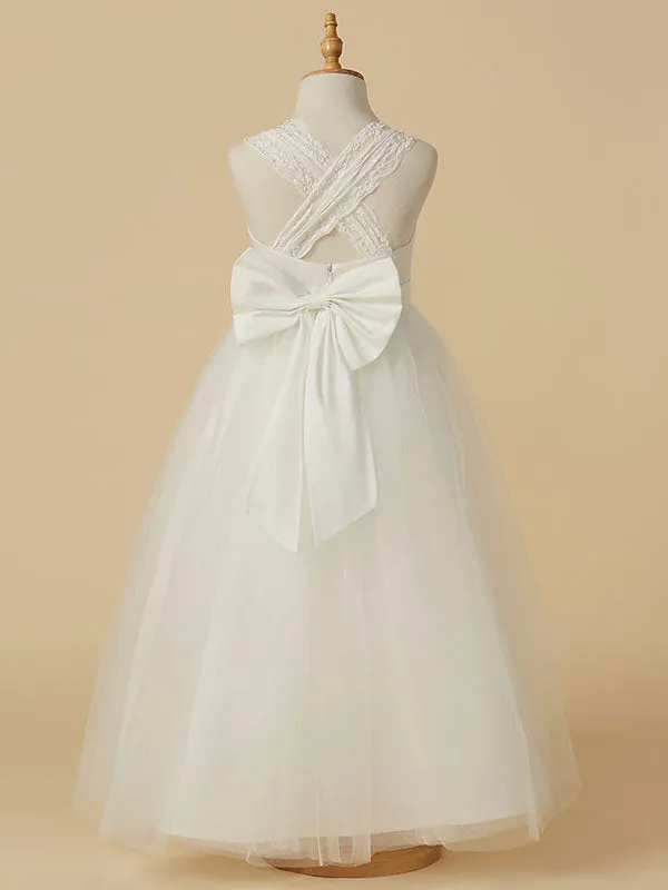 Sweetheart Neck Tulle Sleeveless Floor Length A-line Applique Kids Party Dresses