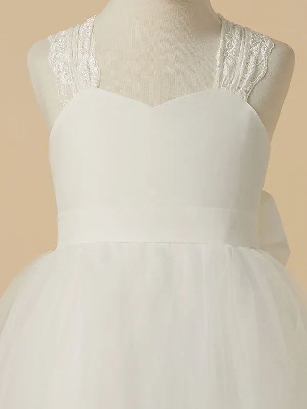 Sweetheart Neck Tulle Sleeveless Floor Length A-line Applique Kids Party Dresses