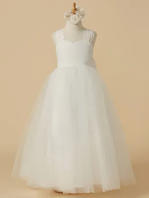 Sweetheart Neck Tulle Sleeveless Floor Length A-line Applique Kids Party Dresses