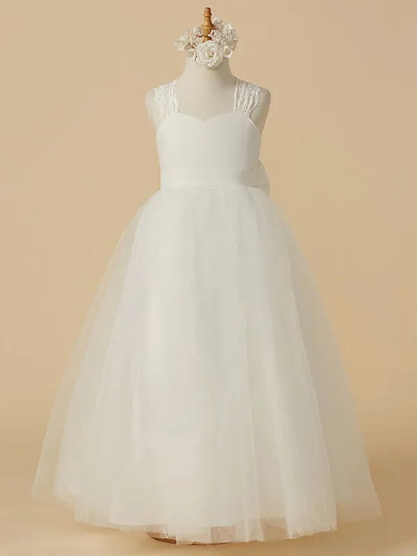 Sweetheart Neck Tulle Sleeveless Floor Length A-line Applique Kids Party Dresses