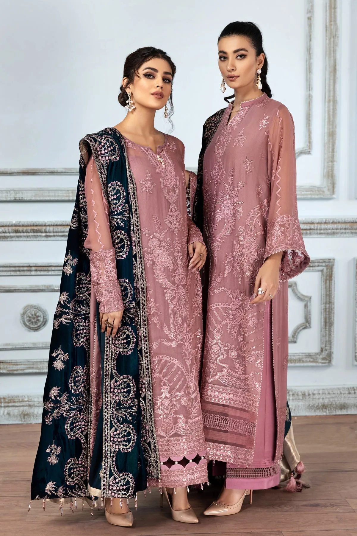 Tea Pink Embroidered Pakistani Long Frock with Dupatta Party Wear