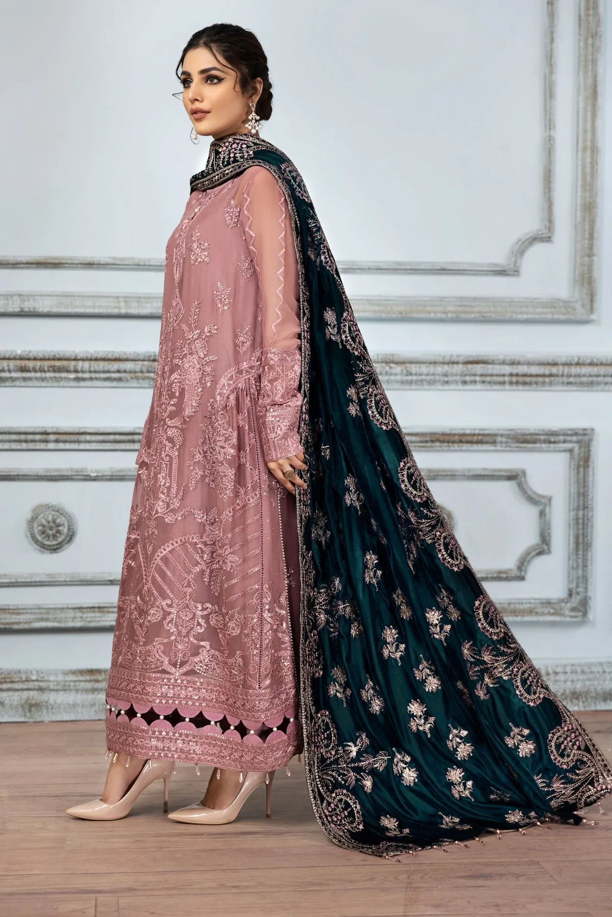 Tea Pink Embroidered Pakistani Long Frock with Dupatta Party Wear