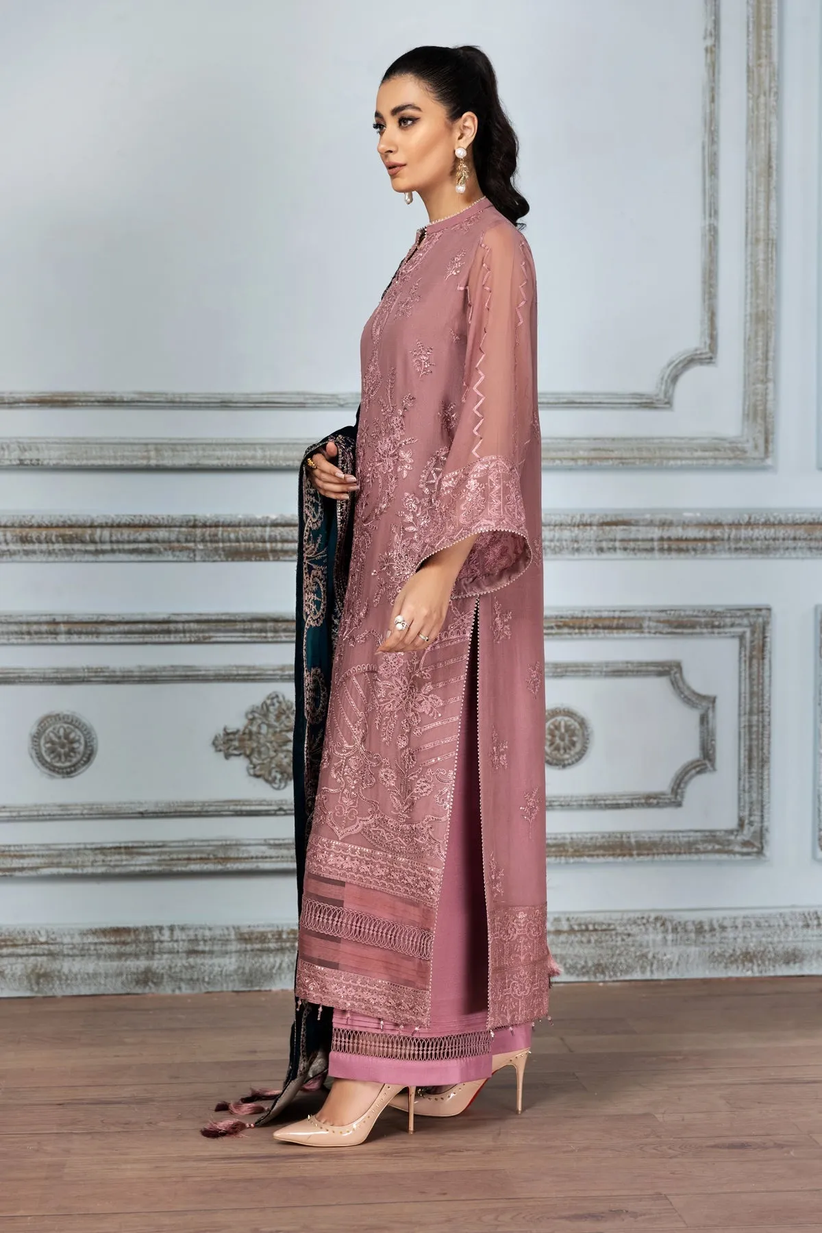 Tea Pink Embroidered Pakistani Long Frock with Dupatta Party Wear