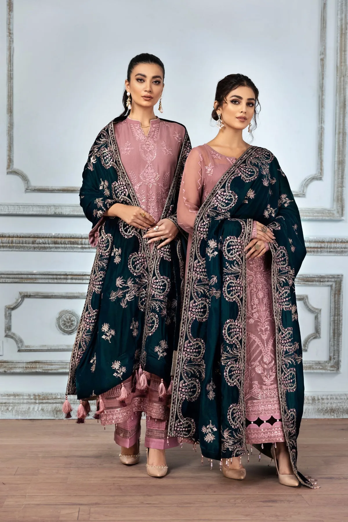 Tea Pink Embroidered Pakistani Long Frock with Dupatta Party Wear