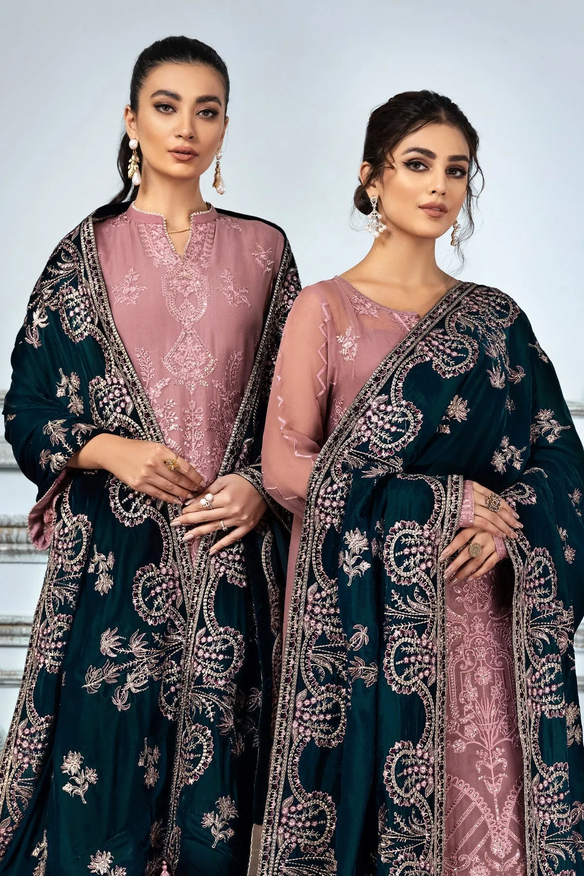 Tea Pink Embroidered Pakistani Long Frock with Dupatta Party Wear