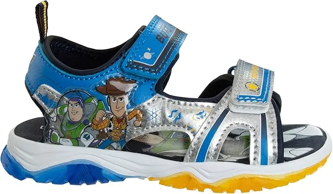 Toy Story Sandals LED Light Up Adjustable Strap Open Toe - Kids Boys Sheriff Woody and Buzz Lightyear Slides Water Shoes (Toddler-Little Kid)