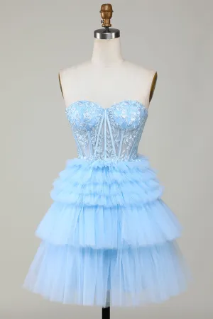 Trendy Blue A Line Sweetheart Tiered Short Homecoming Dress with Ruffles