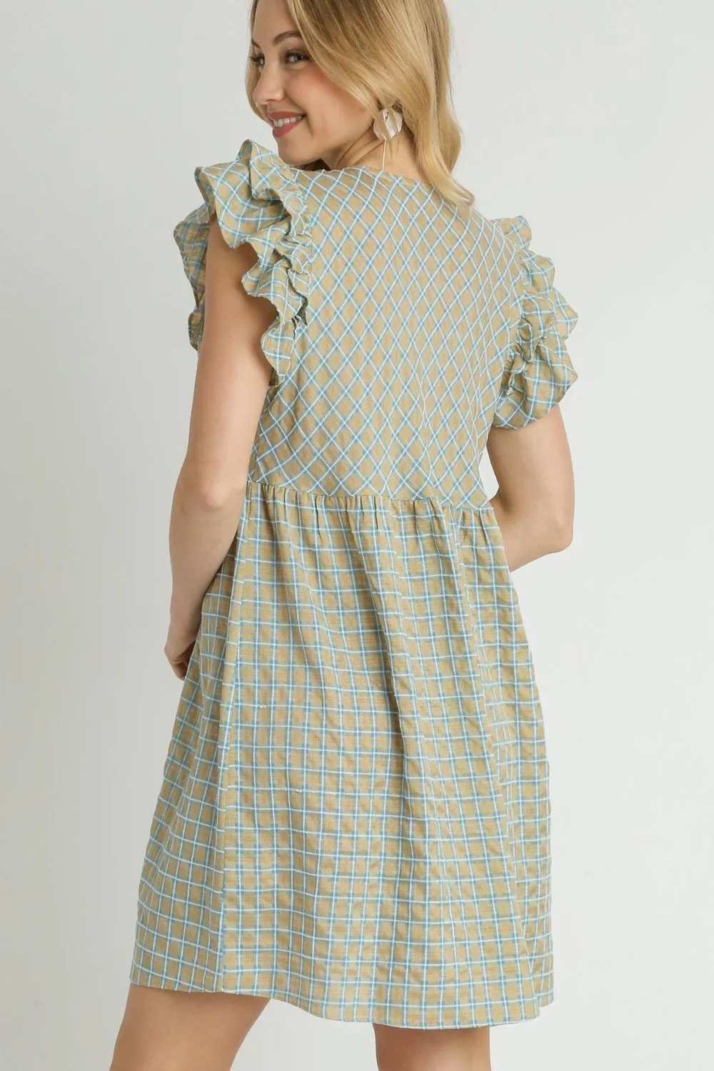 Umgee Full Size Plaid V-Neck Ruffle Cap Sleeve Dress Plus Size