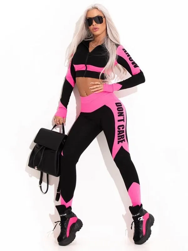 Uoozee Female Fashion Contrast Color Long Sleeves ZipperTops&Letter Print Leggings Sports Yoga Suits Activewear For Women