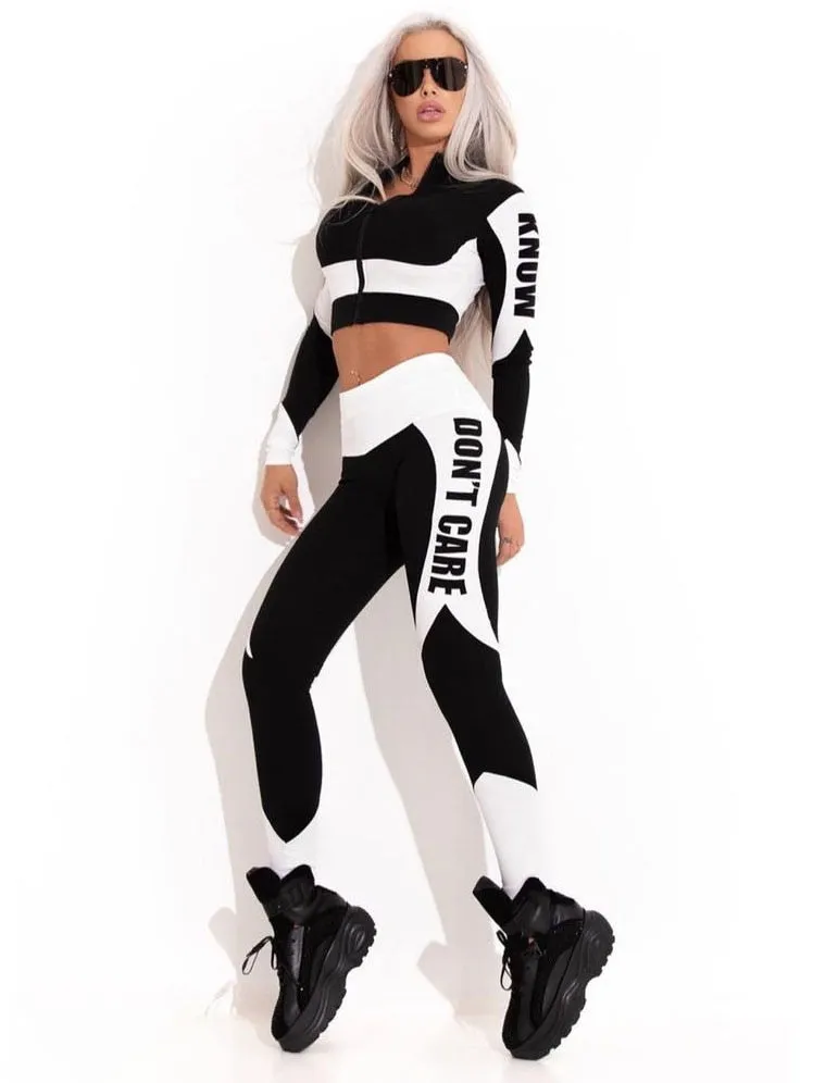 Uoozee Female Fashion Contrast Color Long Sleeves ZipperTops&Letter Print Leggings Sports Yoga Suits Activewear For Women