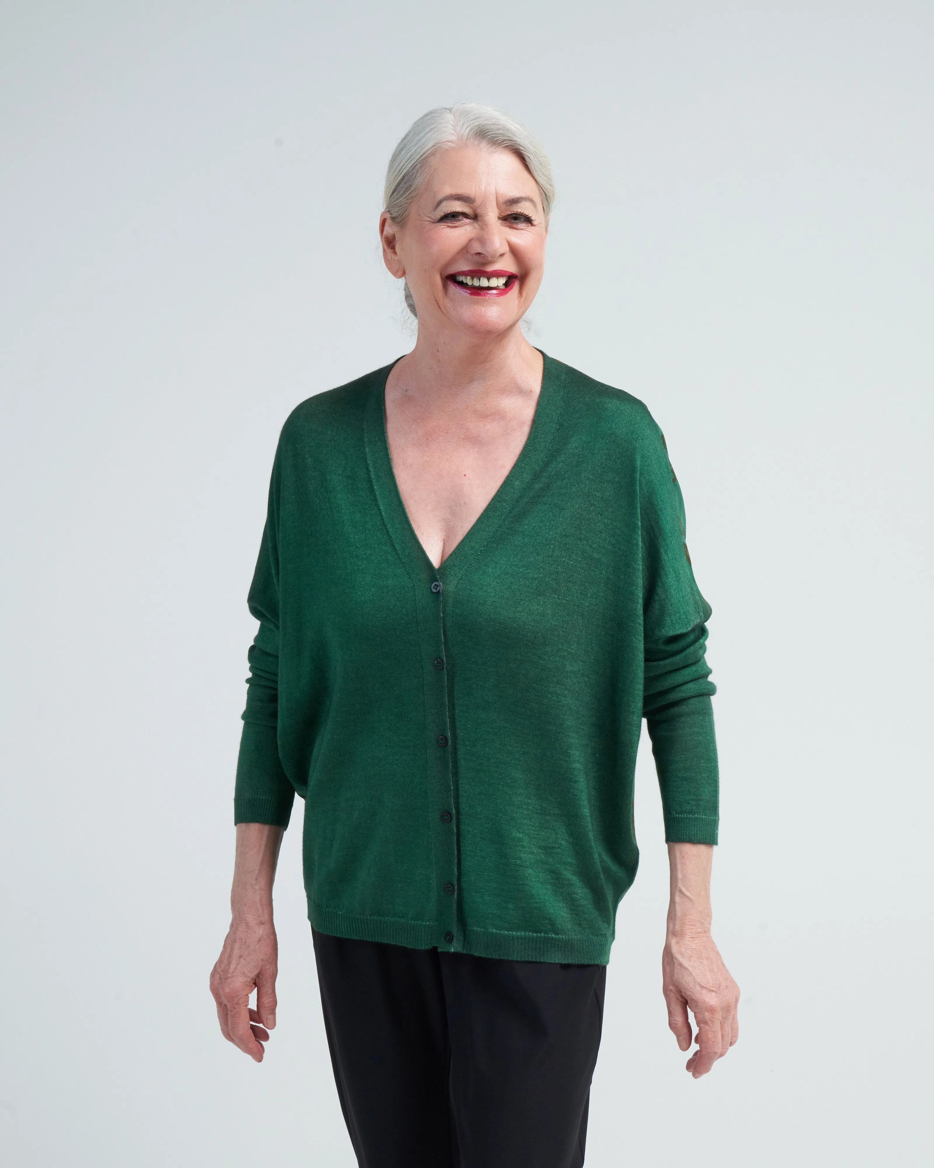 v neck cardigan with vintage one of a kind foulard on back - n/wild