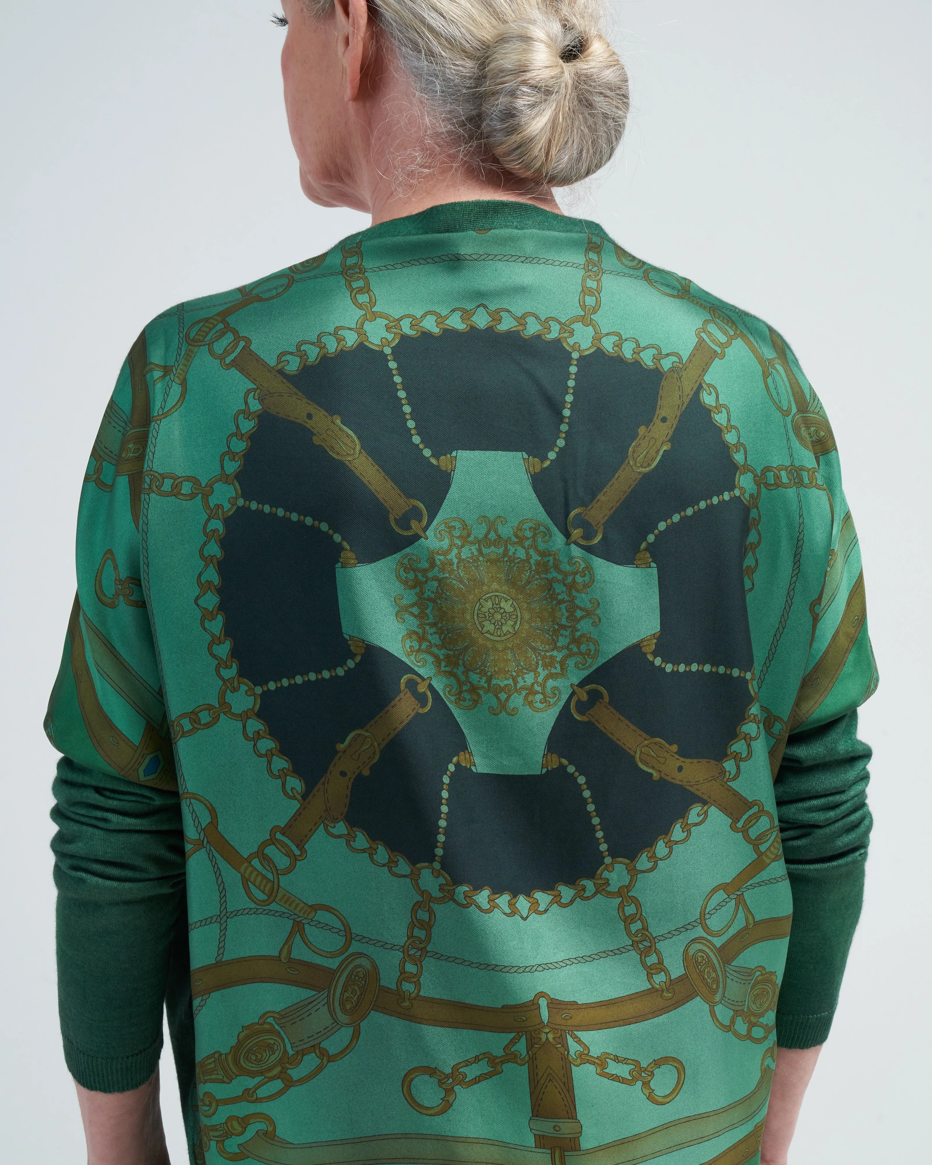 v neck cardigan with vintage one of a kind foulard on back - n/wild