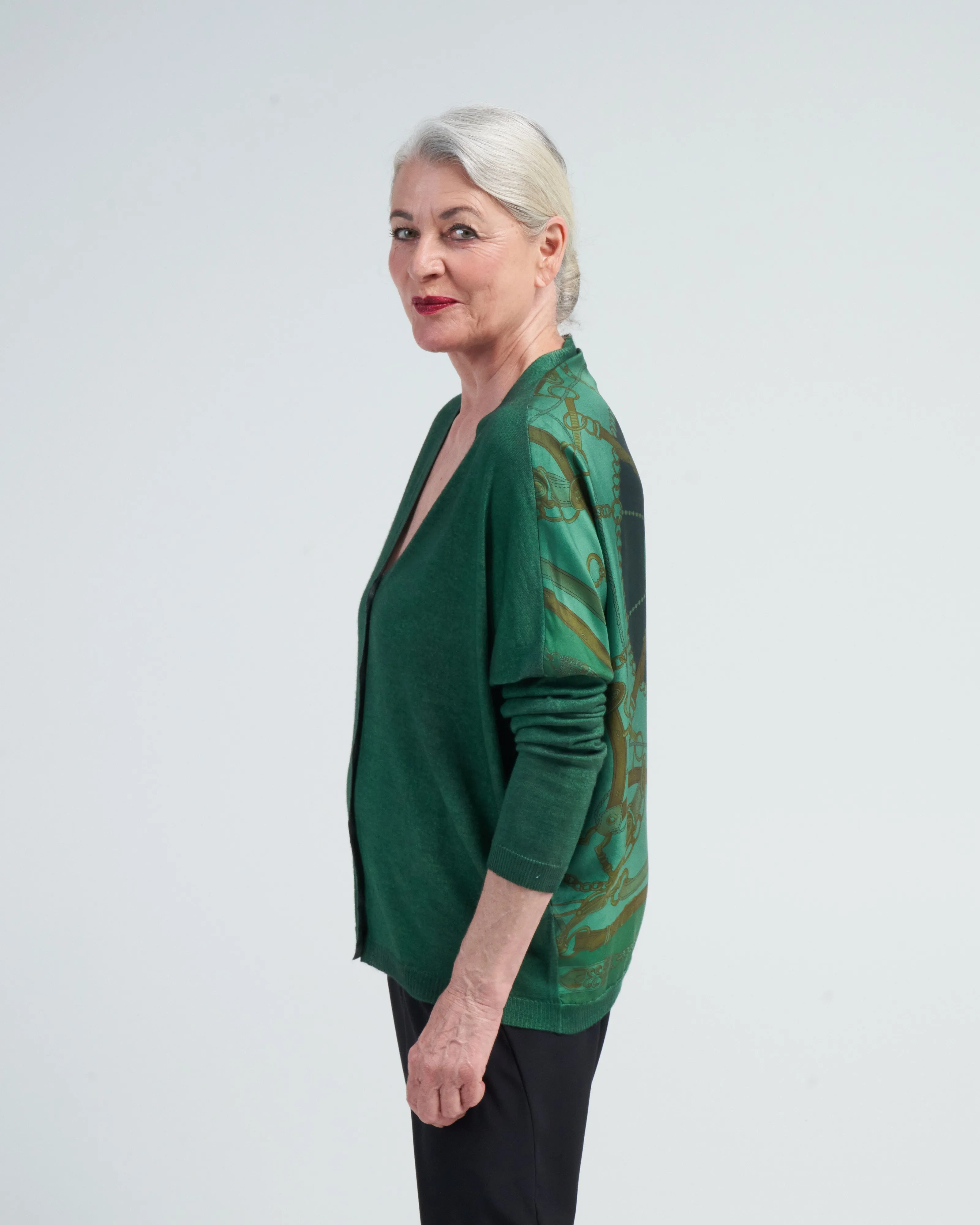 v neck cardigan with vintage one of a kind foulard on back - n/wild
