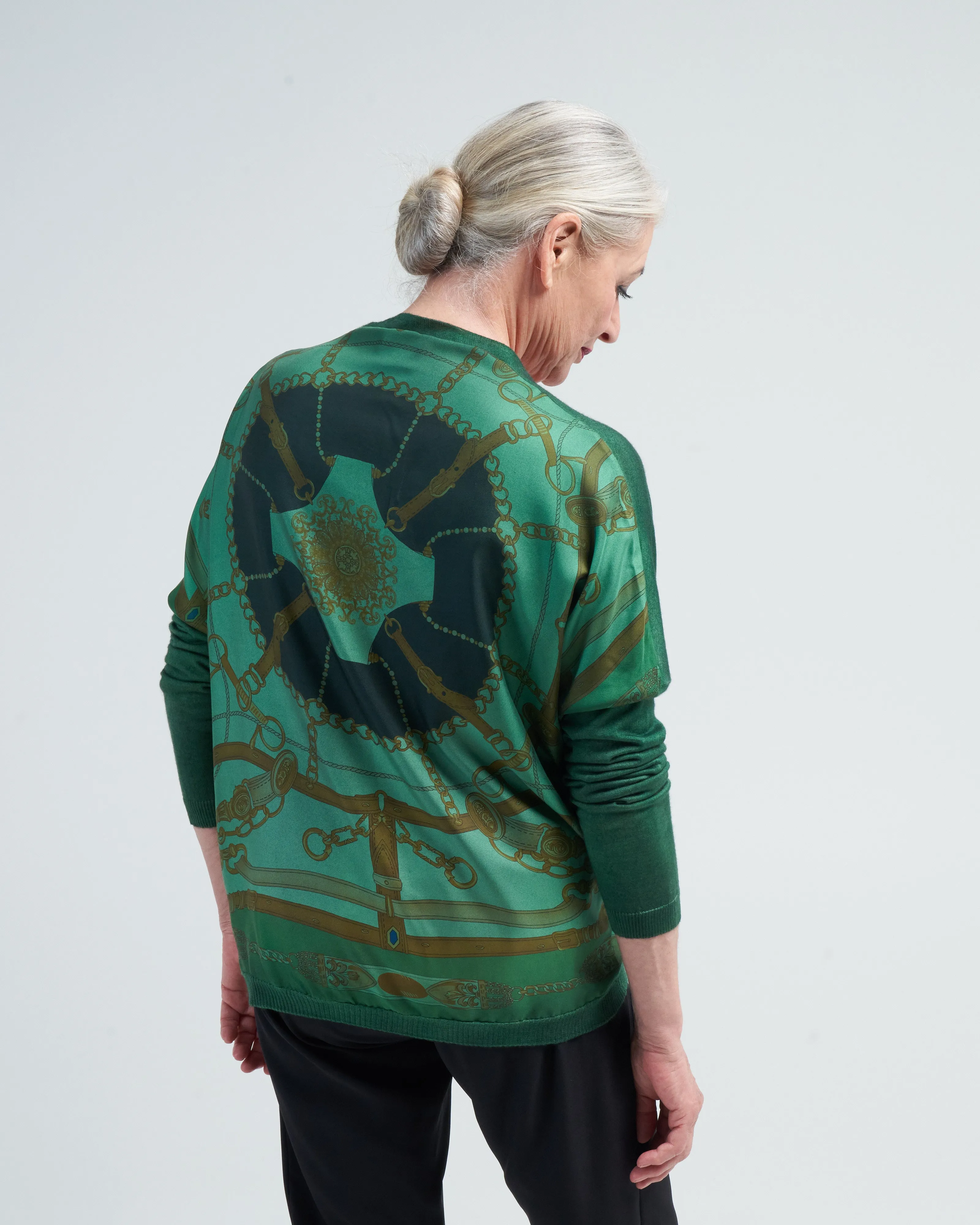 v neck cardigan with vintage one of a kind foulard on back - n/wild