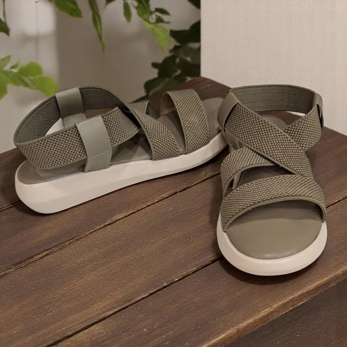 Wedges Heel With Stone Mesh Soft Sole Light Brown Cross Strap Medicated Sandals