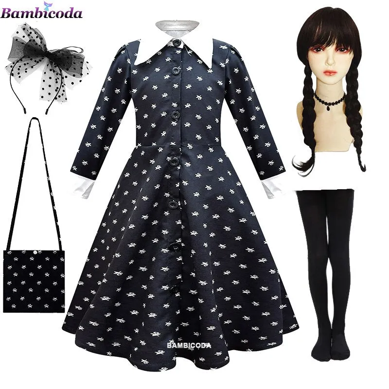 Wednesday Addams Cosplay For Girl Costume 2023 New Vestidos For Kids Girls Mesh Party Dresses Carnival Costumes 3-10 Years Old