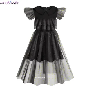 Wednesday Addams Cosplay For Girl Costume 2023 New Vestidos For Kids Girls Mesh Party Dresses Carnival Costumes 3-10 Years Old