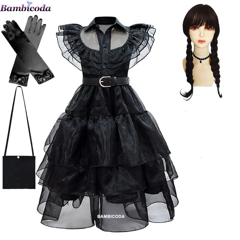 Wednesday Addams Cosplay For Girl Costume 2023 New Vestidos For Kids Girls Mesh Party Dresses Carnival Costumes 3-10 Years Old
