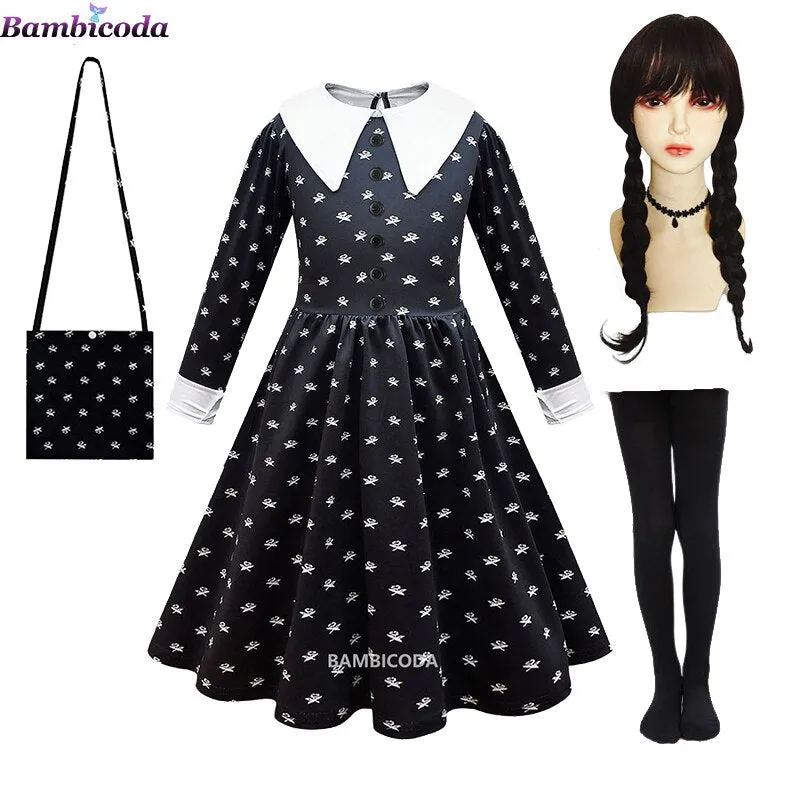 Wednesday Addams Cosplay For Girl Costume 2023 New Vestidos For Kids Girls Mesh Party Dresses Carnival Costumes 3-10 Years Old