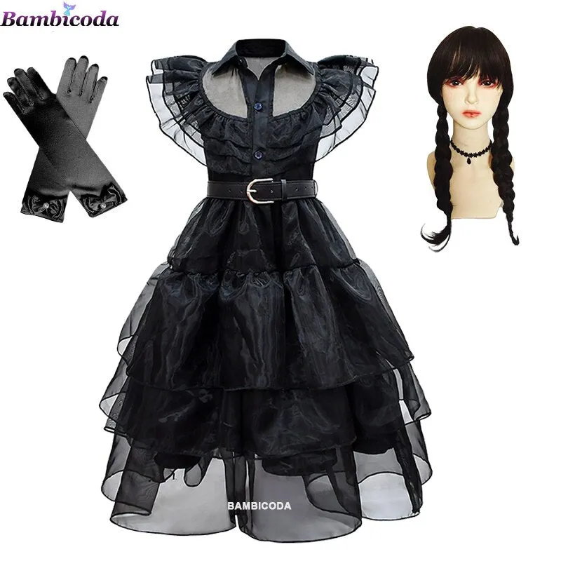 Wednesday Addams Cosplay For Girl Costume 2023 New Vestidos For Kids Girls Mesh Party Dresses Carnival Costumes 3-10 Years Old