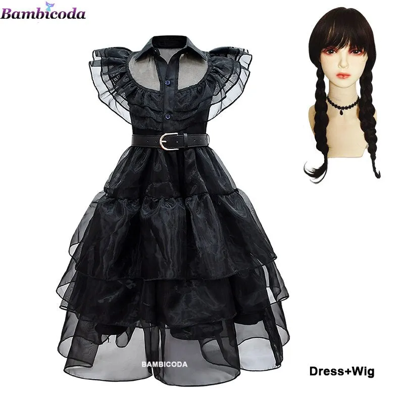 Wednesday Addams Cosplay For Girl Costume 2023 New Vestidos For Kids Girls Mesh Party Dresses Carnival Costumes 3-10 Years Old