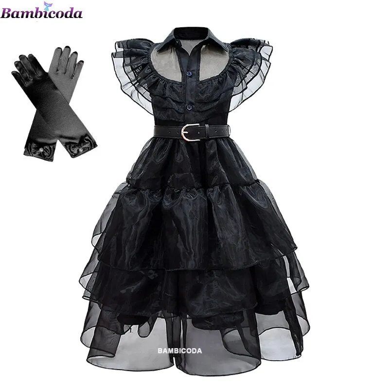 Wednesday Addams Cosplay For Girl Costume 2023 New Vestidos For Kids Girls Mesh Party Dresses Carnival Costumes 3-10 Years Old