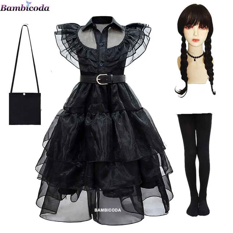 Wednesday Addams Cosplay For Girl Costume 2023 New Vestidos For Kids Girls Mesh Party Dresses Carnival Costumes 3-10 Years Old