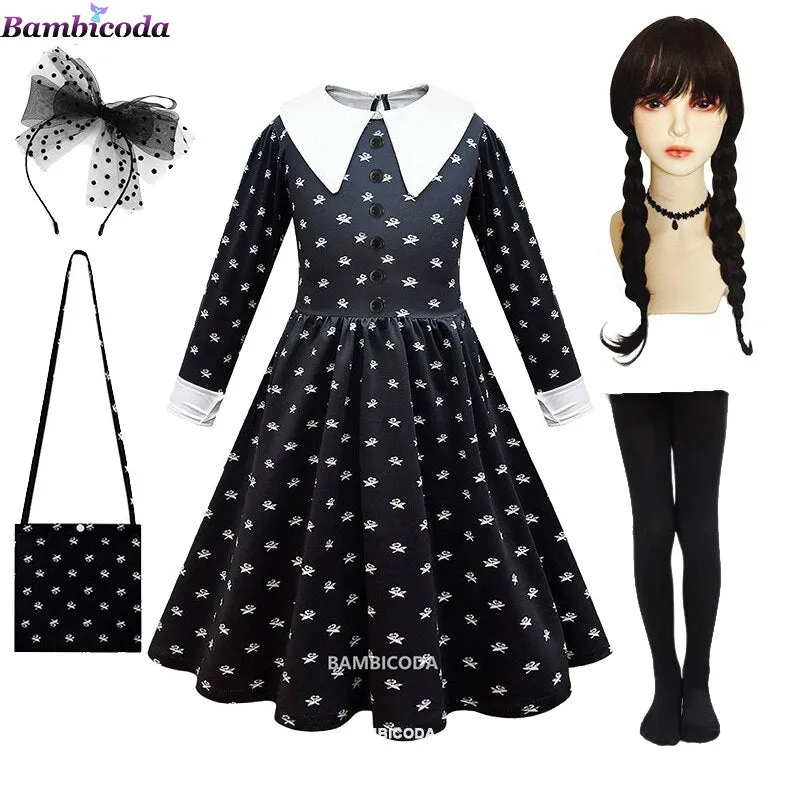 Wednesday Addams Cosplay For Girl Costume 2023 New Vestidos For Kids Girls Mesh Party Dresses Carnival Costumes 3-10 Years Old