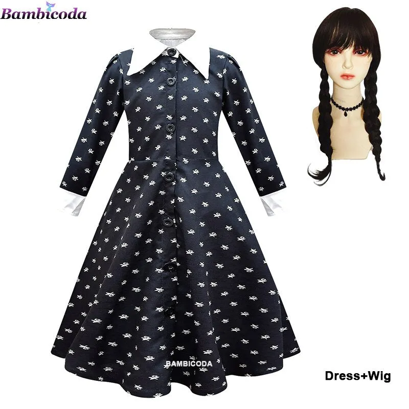 Wednesday Addams Cosplay For Girl Costume 2023 New Vestidos For Kids Girls Mesh Party Dresses Carnival Costumes 3-10 Years Old
