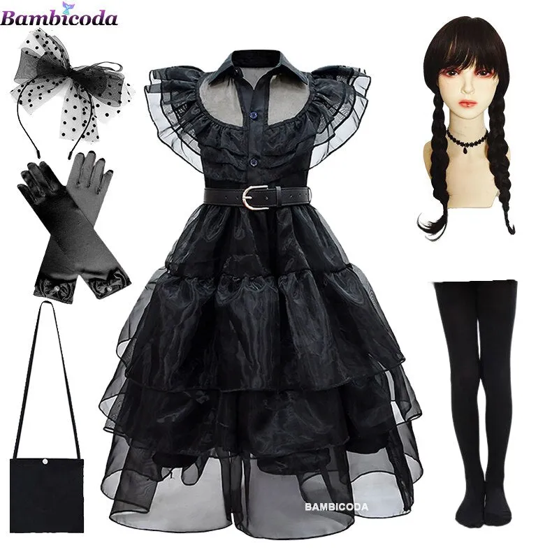 Wednesday Addams Cosplay For Girl Costume 2023 New Vestidos For Kids Girls Mesh Party Dresses Carnival Costumes 3-10 Years Old