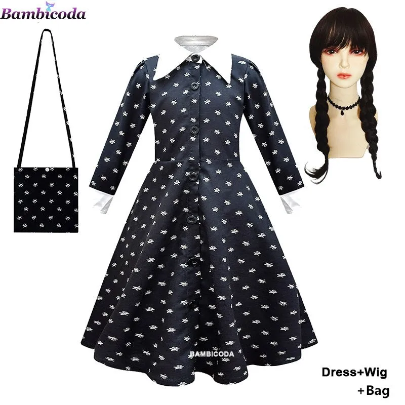 Wednesday Addams Cosplay For Girl Costume 2023 New Vestidos For Kids Girls Mesh Party Dresses Carnival Costumes 3-10 Years Old