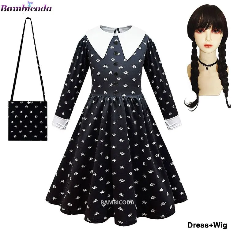 Wednesday Addams Cosplay For Girl Costume 2023 New Vestidos For Kids Girls Mesh Party Dresses Carnival Costumes 3-10 Years Old