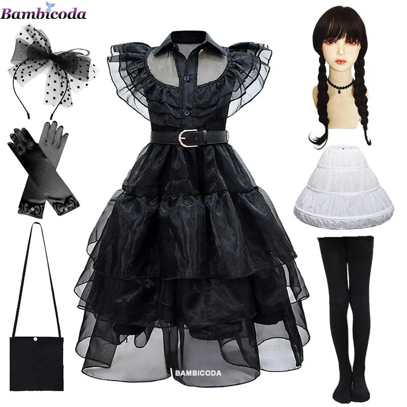 Wednesday Addams Cosplay For Girl Costume 2023 New Vestidos For Kids Girls Mesh Party Dresses Carnival Costumes 3-10 Years Old