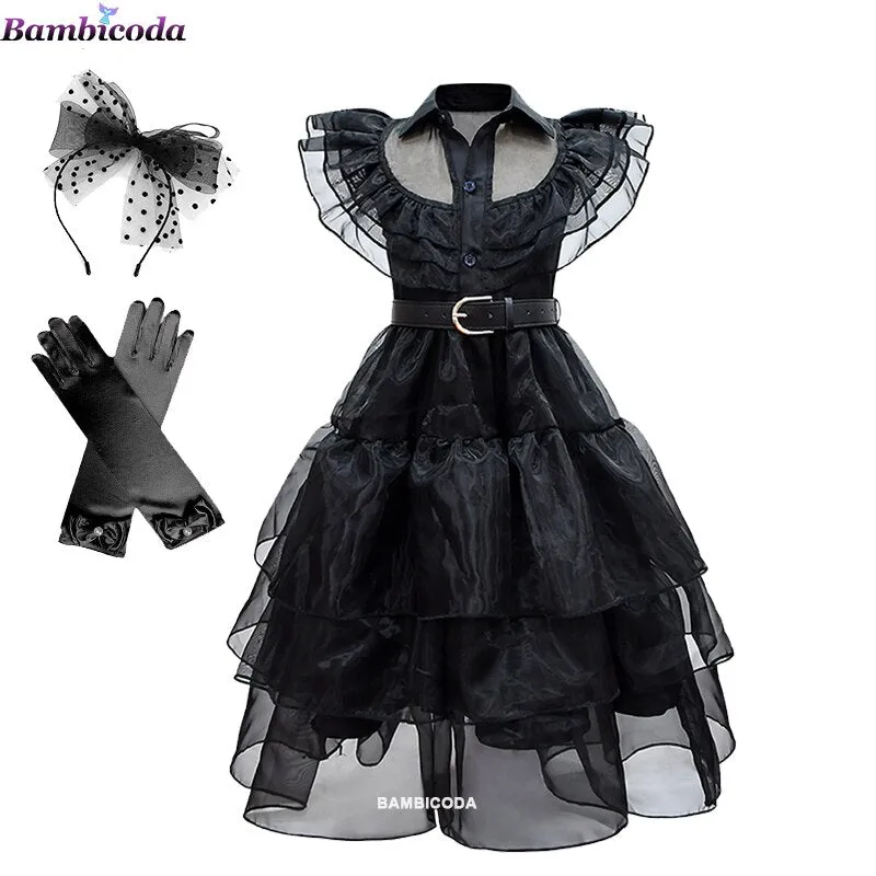 Wednesday Addams Cosplay For Girl Costume 2023 New Vestidos For Kids Girls Mesh Party Dresses Carnival Costumes 3-10 Years Old