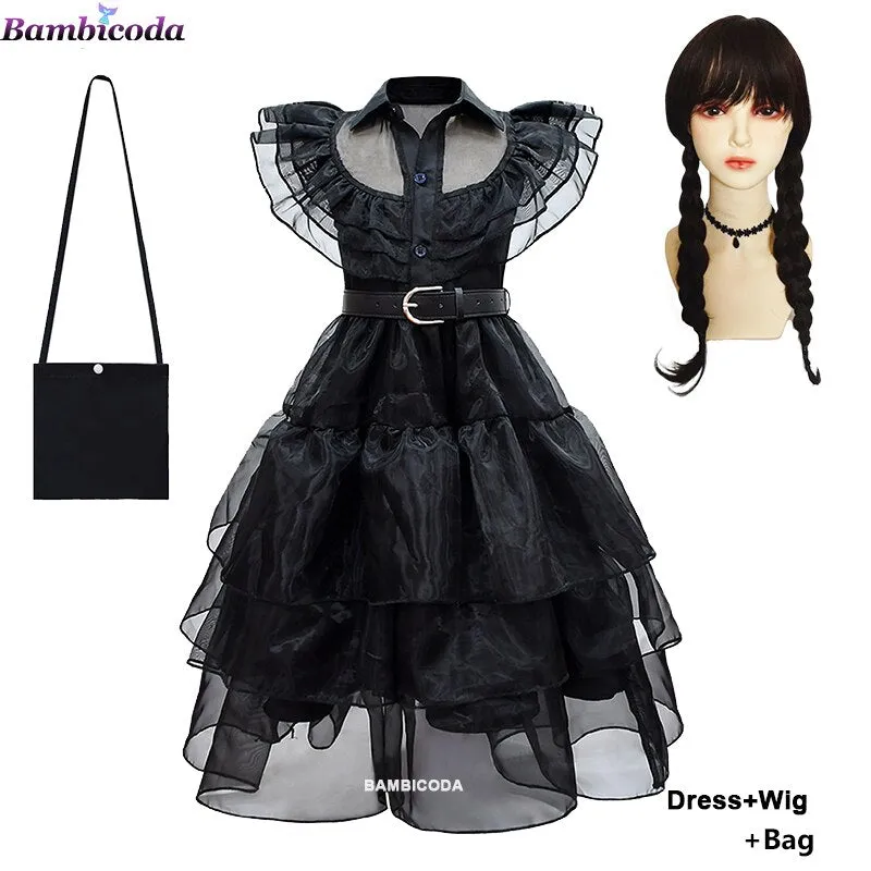 Wednesday Addams Cosplay For Girl Costume 2023 New Vestidos For Kids Girls Mesh Party Dresses Carnival Costumes 3-10 Years Old