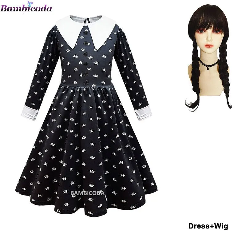 Wednesday Addams Cosplay For Girl Costume 2023 New Vestidos For Kids Girls Mesh Party Dresses Carnival Costumes 3-10 Years Old