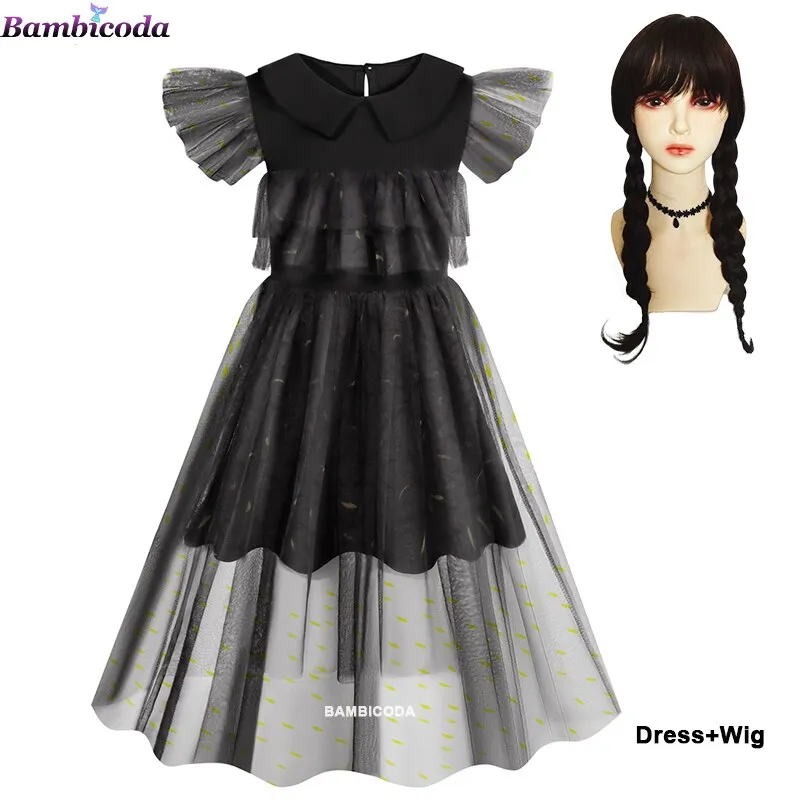 Wednesday Addams Cosplay For Girl Costume 2023 New Vestidos For Kids Girls Mesh Party Dresses Carnival Costumes 3-10 Years Old
