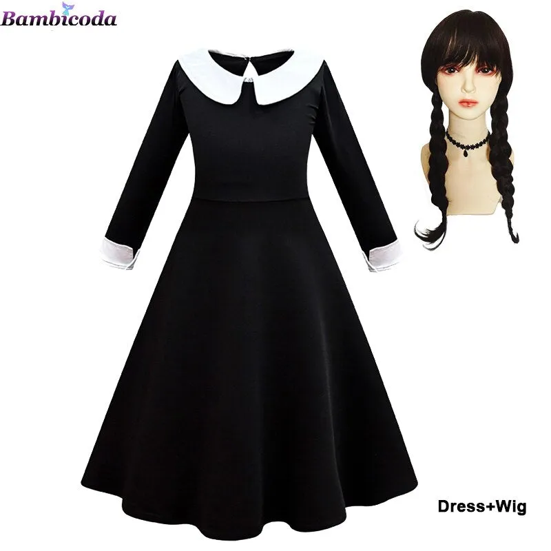 Wednesday Addams Cosplay For Girl Costume 2023 New Vestidos For Kids Girls Mesh Party Dresses Carnival Costumes 3-10 Years Old