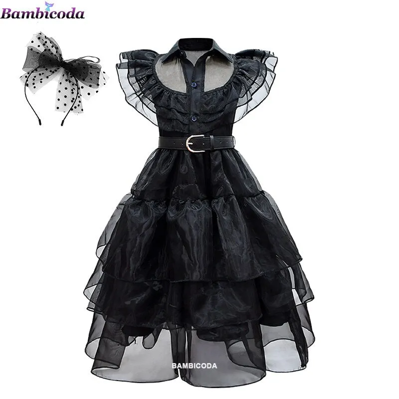Wednesday Addams Cosplay For Girl Costume 2023 New Vestidos For Kids Girls Mesh Party Dresses Carnival Costumes 3-10 Years Old