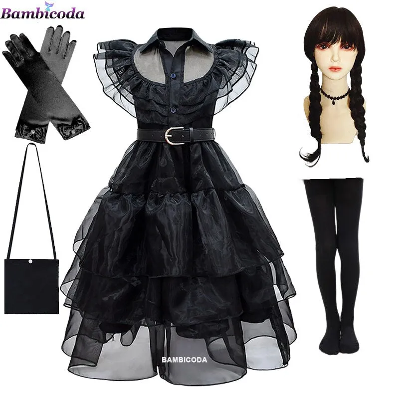 Wednesday Addams Cosplay For Girl Costume 2023 New Vestidos For Kids Girls Mesh Party Dresses Carnival Costumes 3-10 Years Old